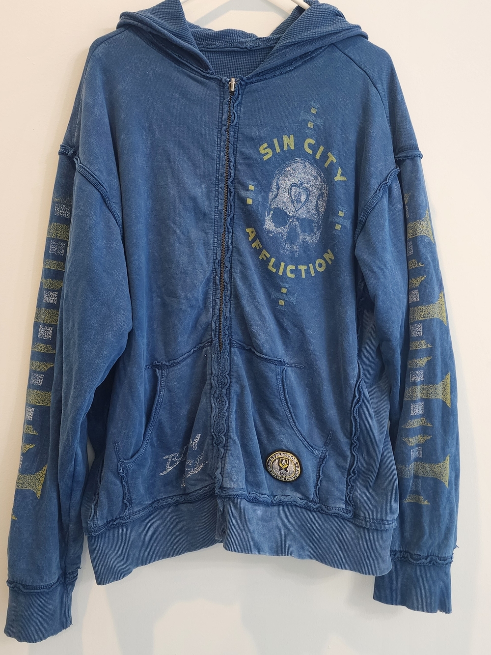 Affliction Men’s Sin City Hoodie Blue Graphic Skull Y2K Vintage 2XL Grunge Goth